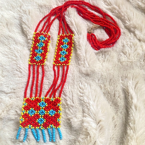 Vintage Beaded Necklace Southwestern Native American 60s 70s Bibb Collar Lariat - Picture 6 of 7